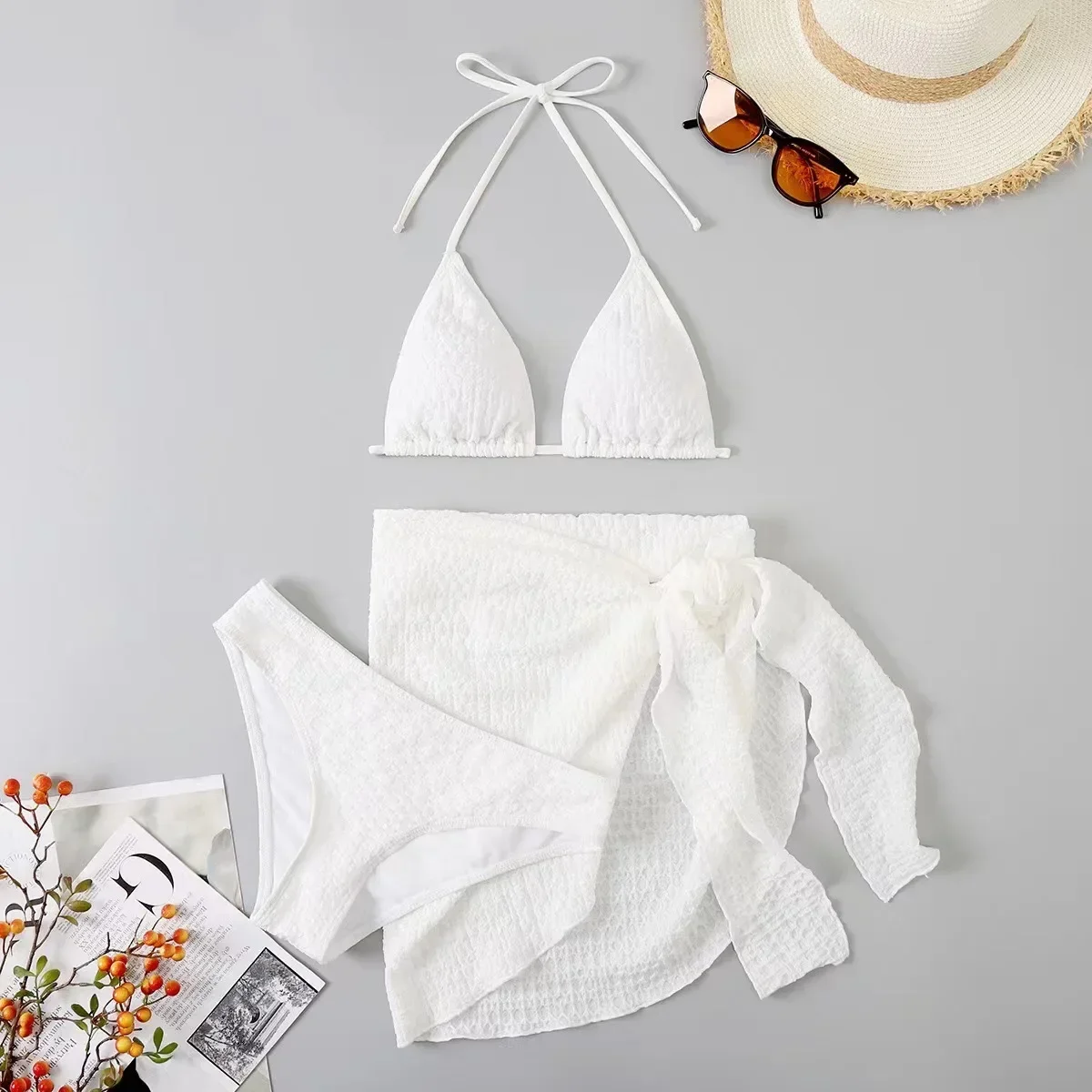 

New 3 Pieces Swimsuit Women Thong Swimwear Sexy Micro Bikini Set With Sarong Skirts Cover Ups Beach Wear Swim Bathing Suit White