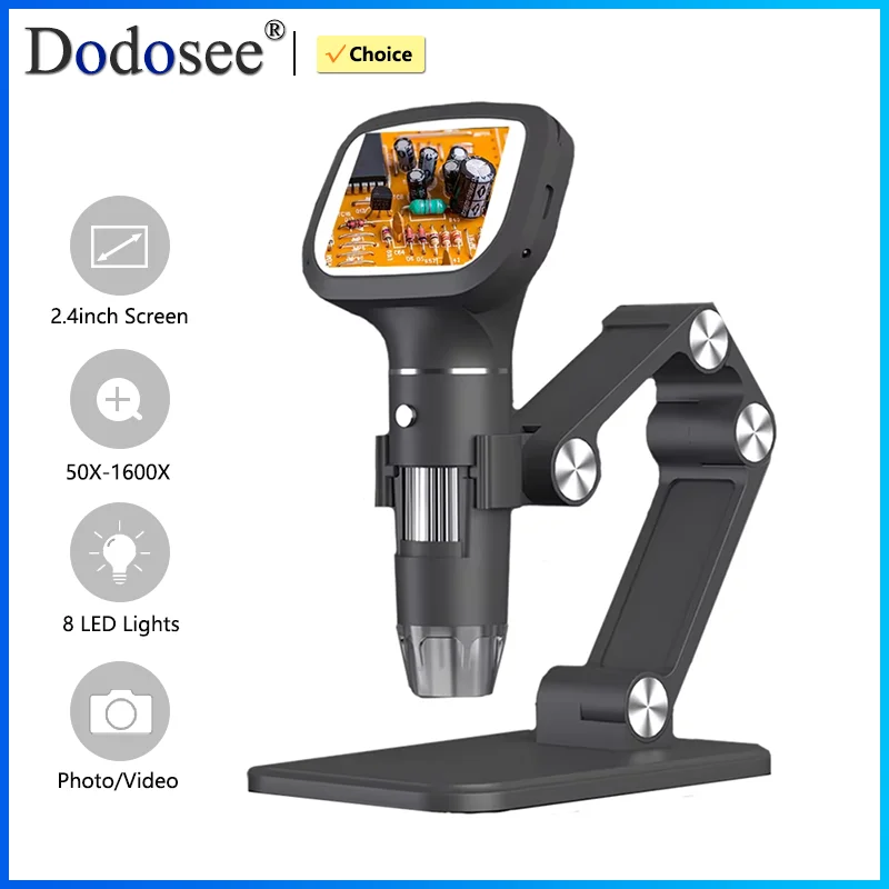 Dodosee 2.4 Inch Digital Microscope 1600X 1080P 8 Lights Handheld Kids Microscopes Supports Photo Video Magnifier Tools for Coin
