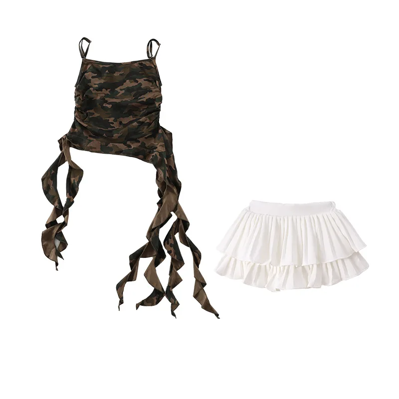Hip Hop Mädchen Camo Weste Top Street Dance Tiered Röcke Coole Streetwear Outfit Gruppe Jazz Cheerleader Kostüme Bühne Kleidung Sets
