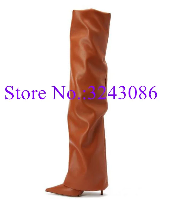 

New Brown Color Leather Over the Knee Boots Sexy Pleated Stiletto Heel Woman Long Boots Lady Fashion Banquet Shoes Dropship