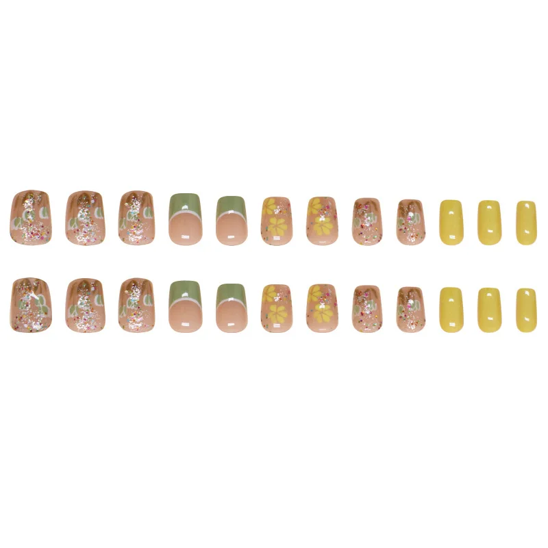24pcs Short Coffin Press-On Nails - Solid Yellow With Tulip Glitter Accents Spring Vibes (Multi-Size Fit)