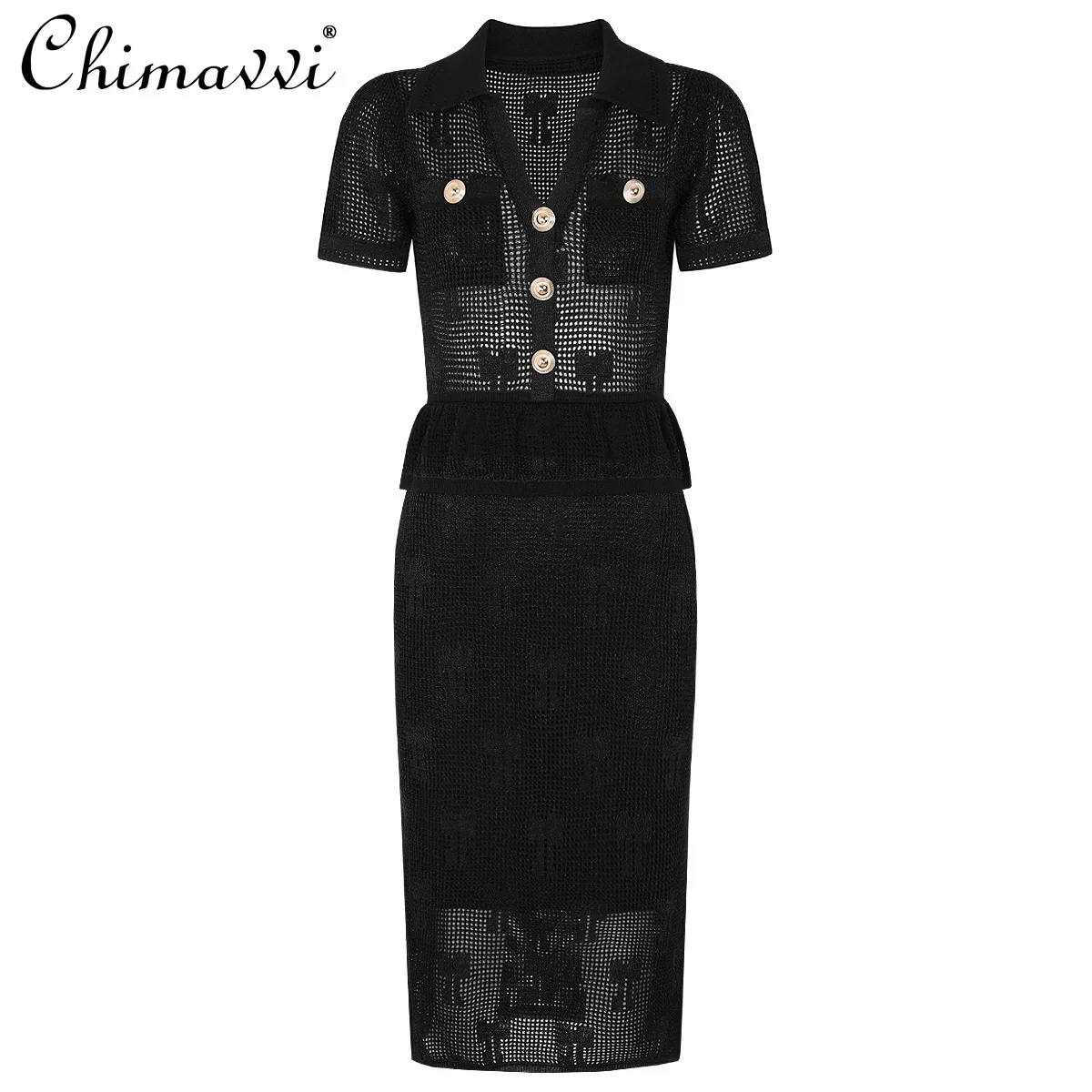 

2026 Spring/Summer New Fashion Knitted Collared Slim-Fit Short-Sleeve Dress for Women Black High-Waisted Elegant Commuter Dress