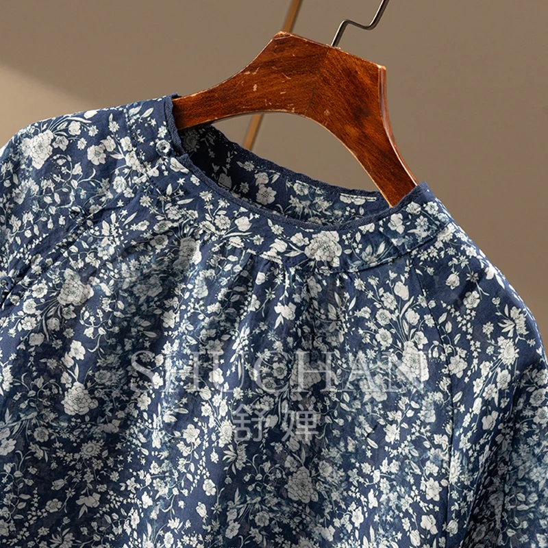 2025 Ramie Retro Literary Floral Lantern Sleeve Stand-up Collar Shirt New Female Long Sleeve Top and Blouse Women