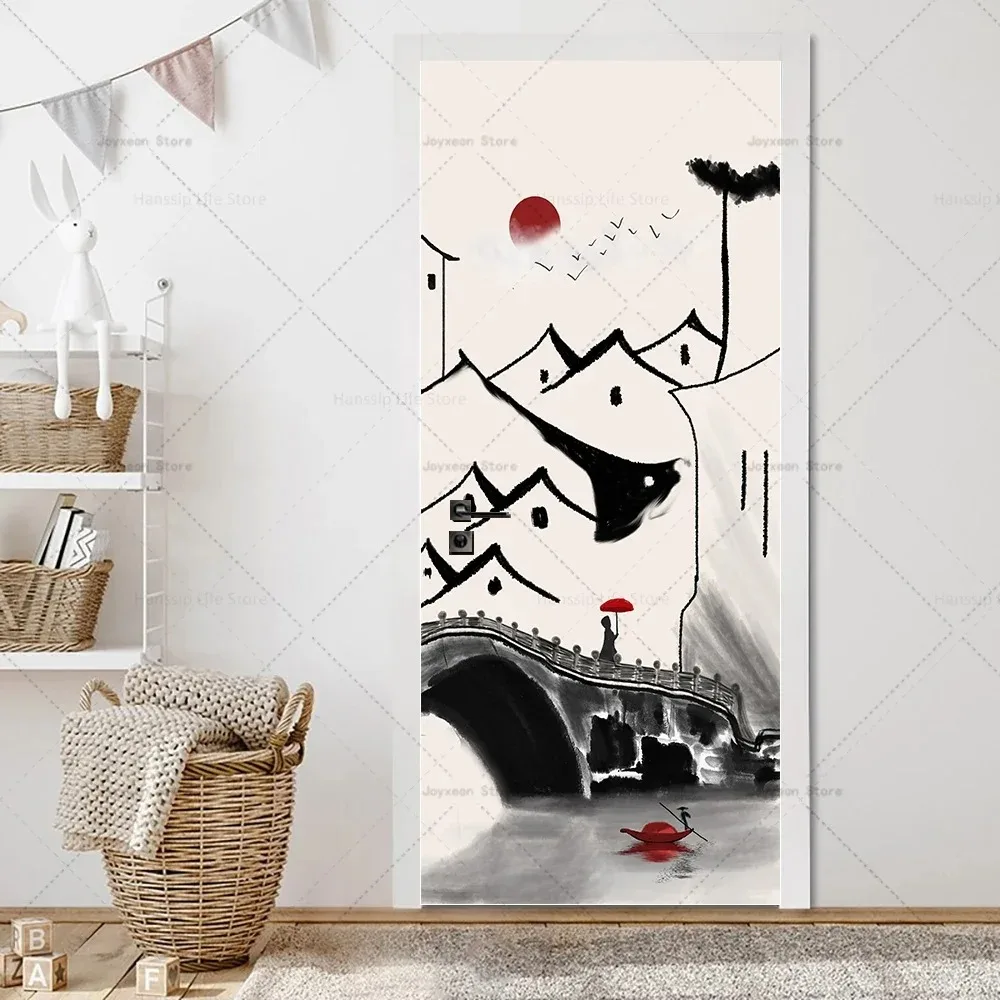 Chinese Ink Wash Landscape with Lone Pine Tree Door Sticker Self Adhesive Waterproof Anti Scratch