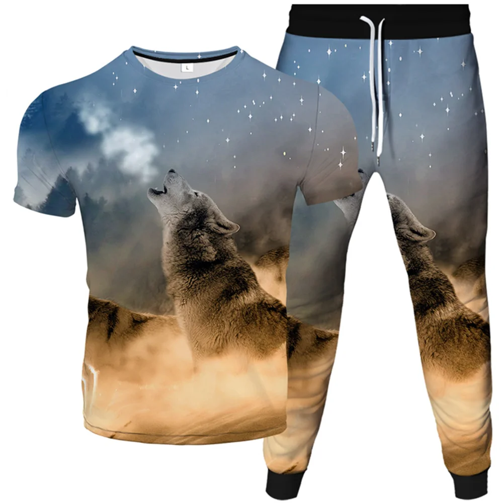 Men's Oversized T Shirt+Pants Sets Harajuku Animal Wolf Print Two Pieces Male Tracksuit Clothing Short Sleeve Trousers Suits 6XL