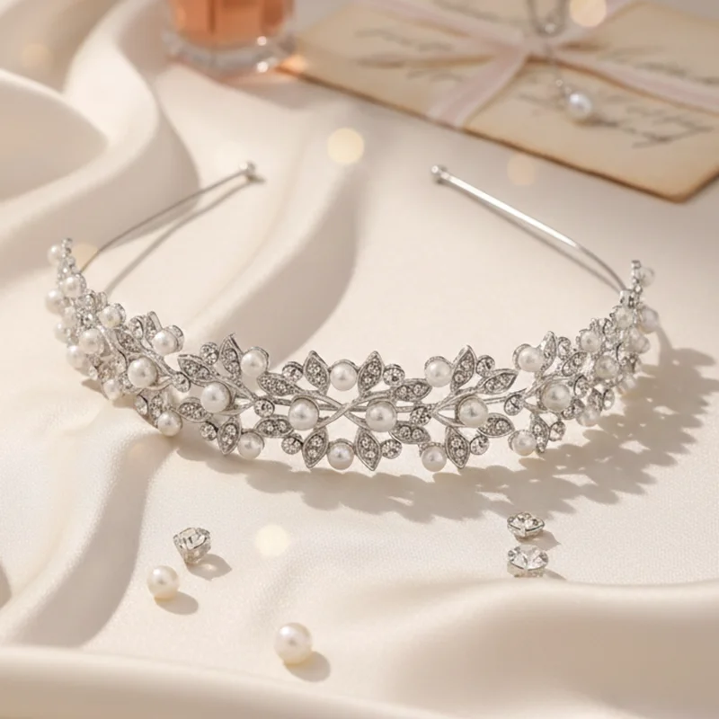 Miallo Rhinestone Pearls Crown Headband Vintage Crystal Bridal Tiaras Wedding Hair Jewelry Leaves Princess Diadem for Women