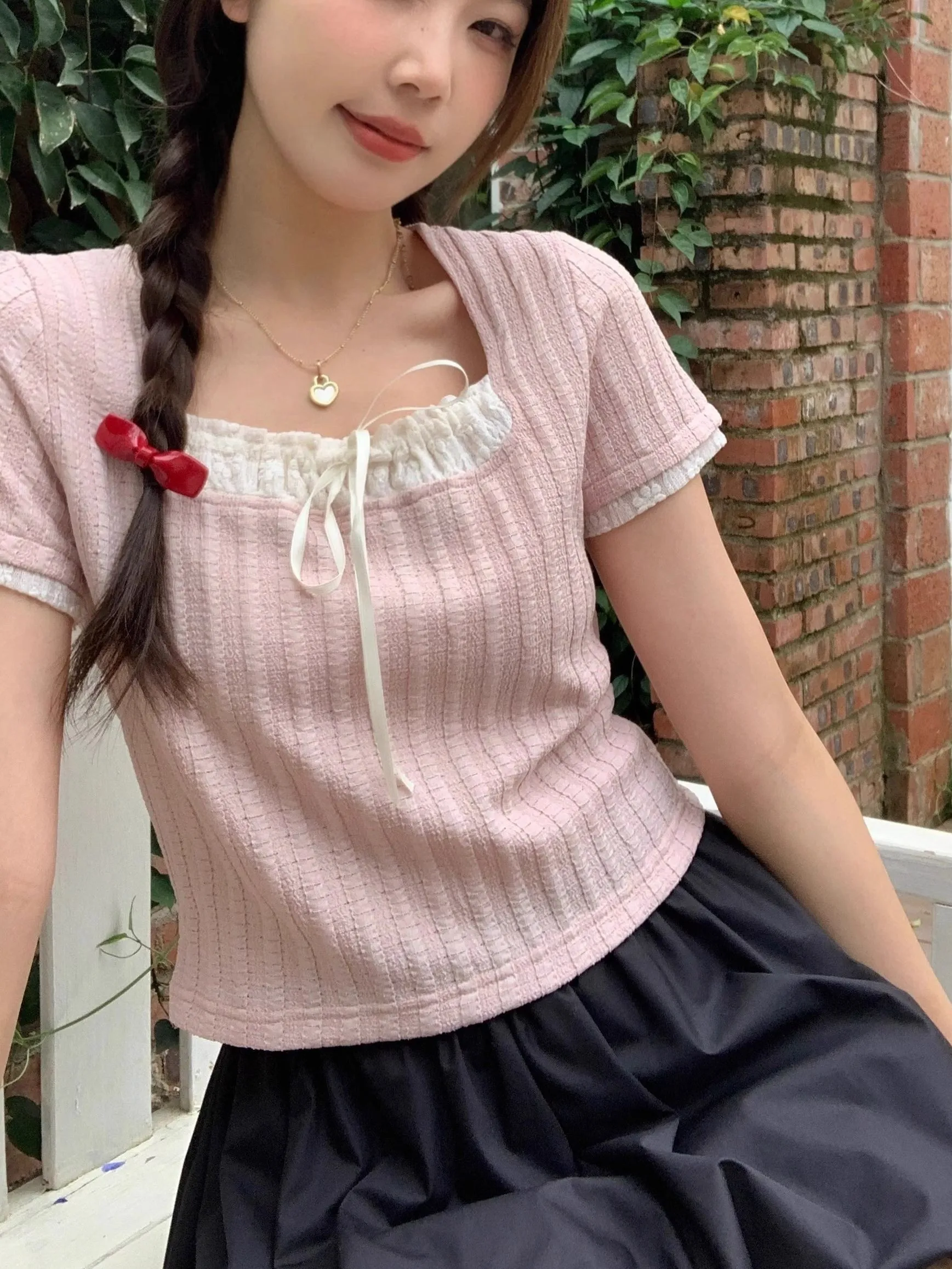 

Sweet And Spicy Knot Square Collar Short Sleeve Slim Fit T-Shirt Summer New Style Korean Version Thin Design Sense Top