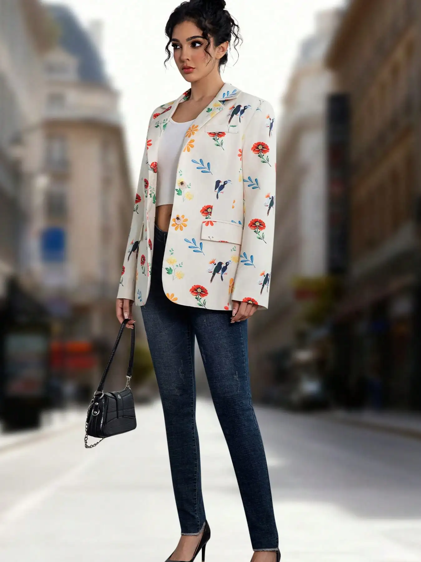 سترة نسائية جديدة على الطراز الفرنسي وأناقة بطبعة زهور وطيور واحدة الصدر للركاب غير رسمية بأكمام طويلة