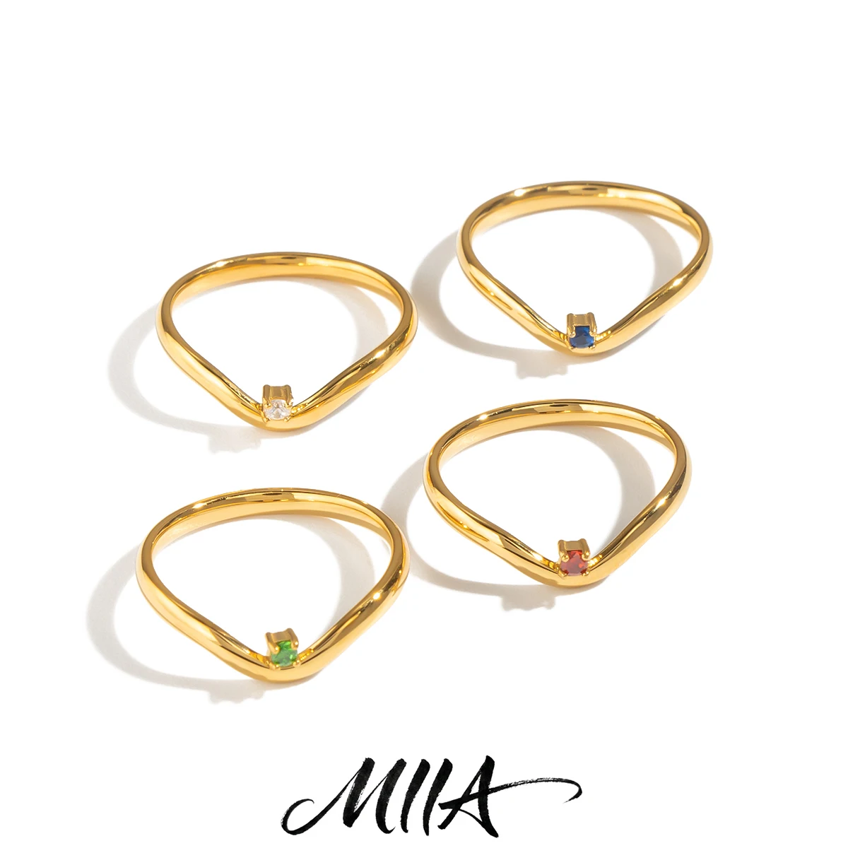 Miia Jewelry 18K Gold Plated Stainless Steel V Shape Ring Set 5Pcs Multi Color Square CZ Dainty Stackable Rings For Women