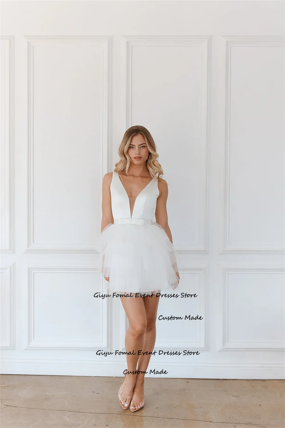 Giyu Modern Style A-line Mini Wedding Dress 2024 V-Neck Draped Short-length Above The Knee Vestidos Novias Boda Party Dress