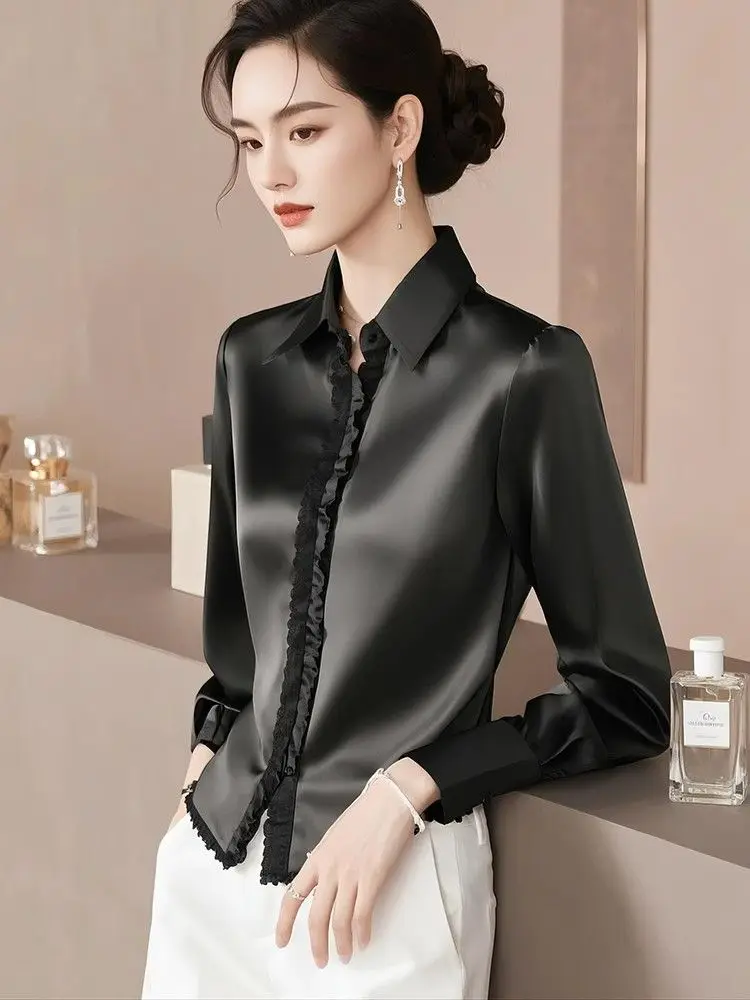 

Satin Silk Ruffle Blouses Women Long Sleeve Casual Blouses Autumn Spring Office Lady Casual Wear Blouses Plus Size
