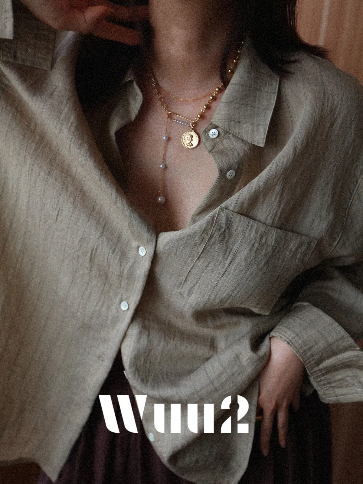 

Женская свободная повседневная блузка из хлопка и льна с текстурой Dustan, цвет хаки, с длинным рукавом и воротником-стойкой