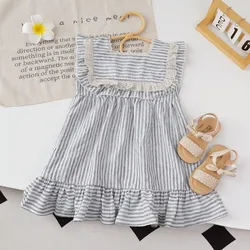 Kids Lace Casual Dresses Summer Grey Striped Girls Dress Square Neckline Sleeveless Daily Wear Clothing Kids Clothes