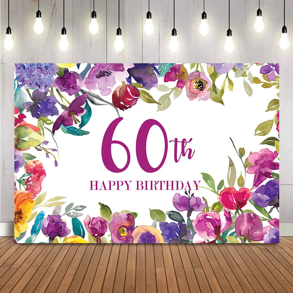 60th Birthday Backdrop for Party Decoration Purple Flowers Adult Women Theme Photo Background Prop Happy Birthday Customize