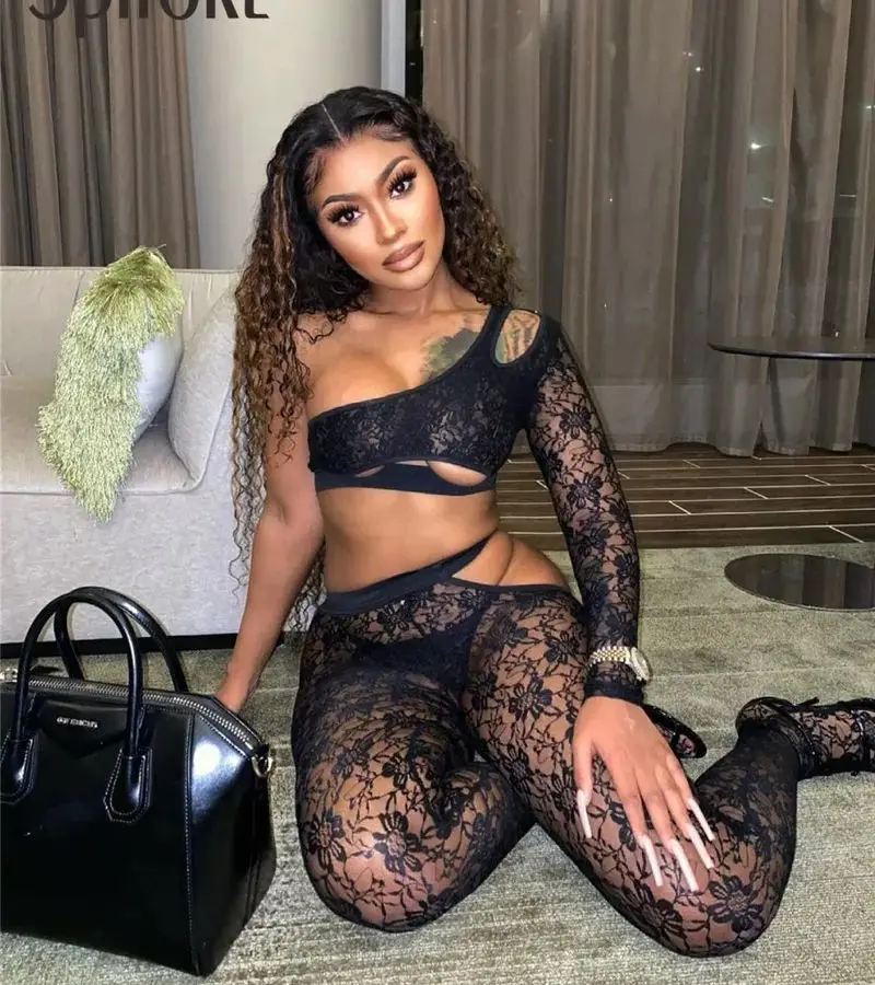 Spifore Sexy Lace Two Piece Set Women One Shoulder Crop Top Cut Out See Through High Waist Pants Night Club Party Matching Suits