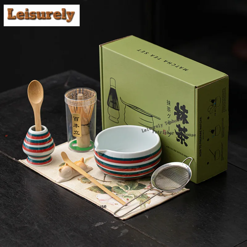 

Yuecai Striped Matcha Eight-piece Set Song Dynasty Ceramic Tea Ceremony Tools Bowl Whisk Stand Hundred Books Accessories Craft