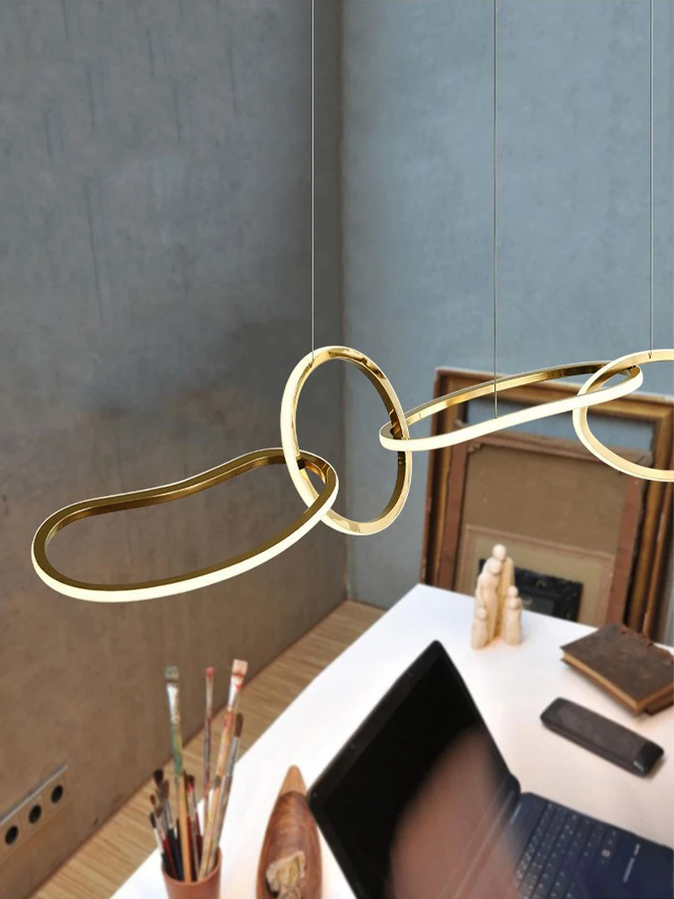 Post-modern Stainless Steel Dining Room Chandelier Simple Art Personality Ring Bar Light Pendant Lustre Hanging LED Line Circle