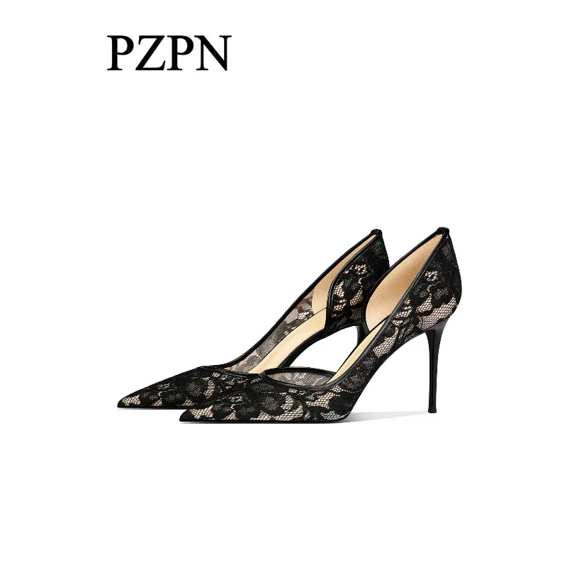 Black Lace Side Open High Heel Shoes for Women 2026 New Style Pointed Toe Slender Heel Elegant and High-End Comfort Single Shoes