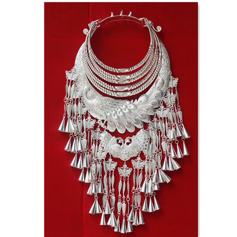 

Hmong Necklace Pendant Jewelry Miao Silver Ethnic Stage Performance Accessories Phoenix Tassel Collar Bijoux Hmong Miao Argent