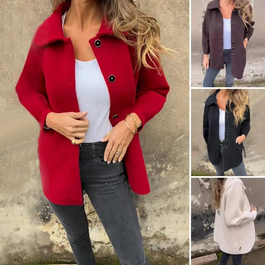 Abrigo de lana de estilo Simple para mujer, chaqueta de un solo pecho con solapa, informal, para Otoño e Invierno