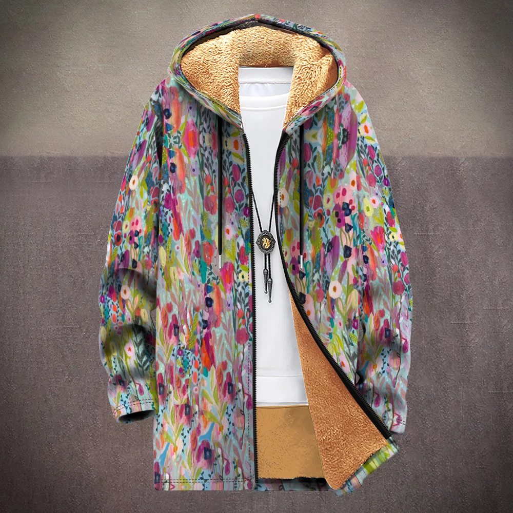 

Floral Print Hooded Jacket Faux Fur Lining Artistic Watercolor Flower Coat Unisex Vintage Streetwear for Spring and Fall Fashion