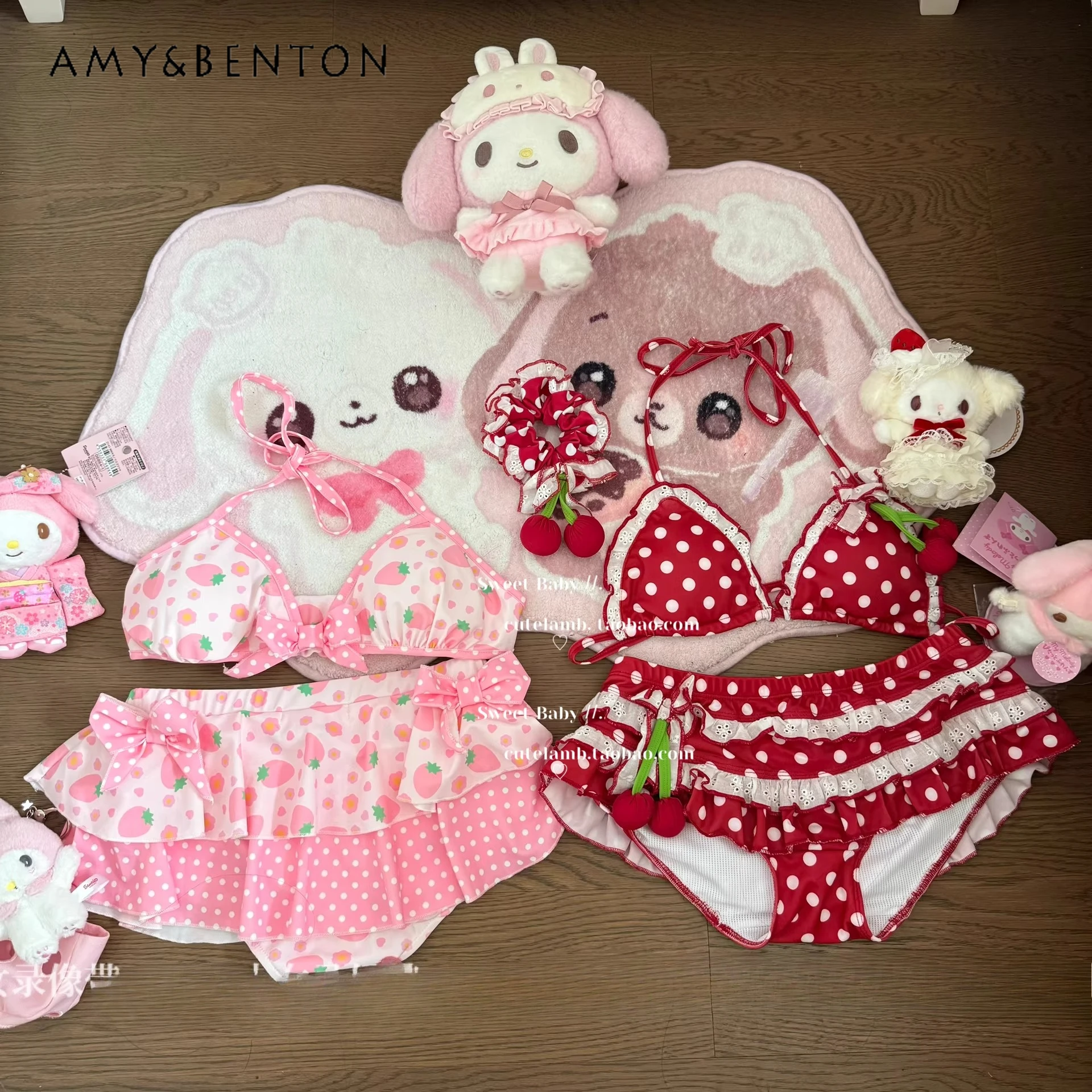 Pink Strawberry Print Swimsuit Japanese Sweet Seaside Swimsuit Cute Halter Bikini Swimsuit Sexy Babes Split Bathing Suit Women