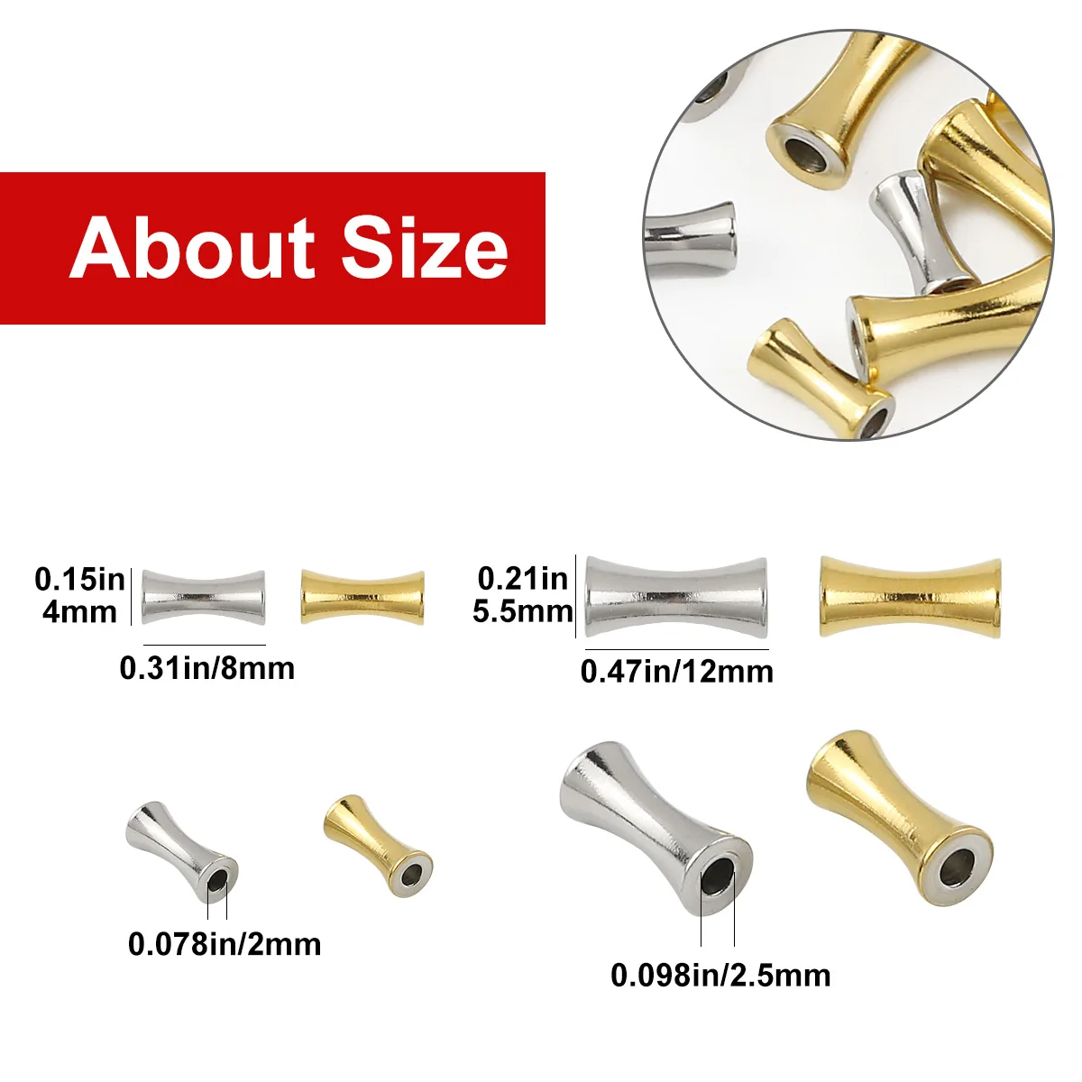 50-10pcs/Lot Bamboo Tube Gold Color Stainless Steel Round Cylindrical Metal Spacer Loose Beads For Jewelry Making Bracelet DIY