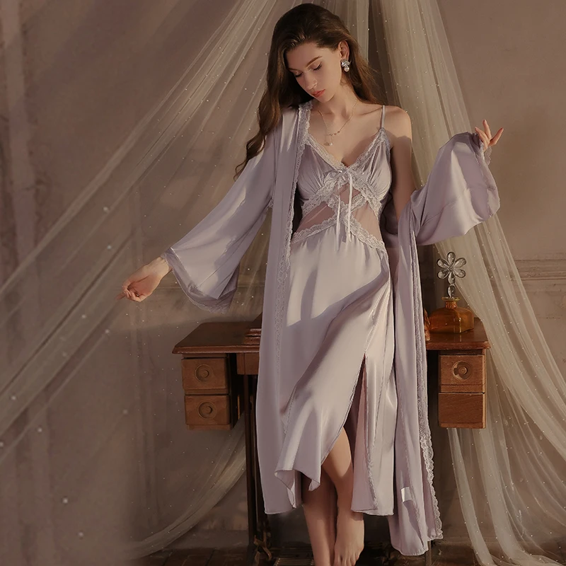 

Robe Set Side Slit Sexy Pajamas for Women Lingеrie Long Night Dress Woman Lencerias Nightgowns Nuisette Sexy De Nuit Sleepwear