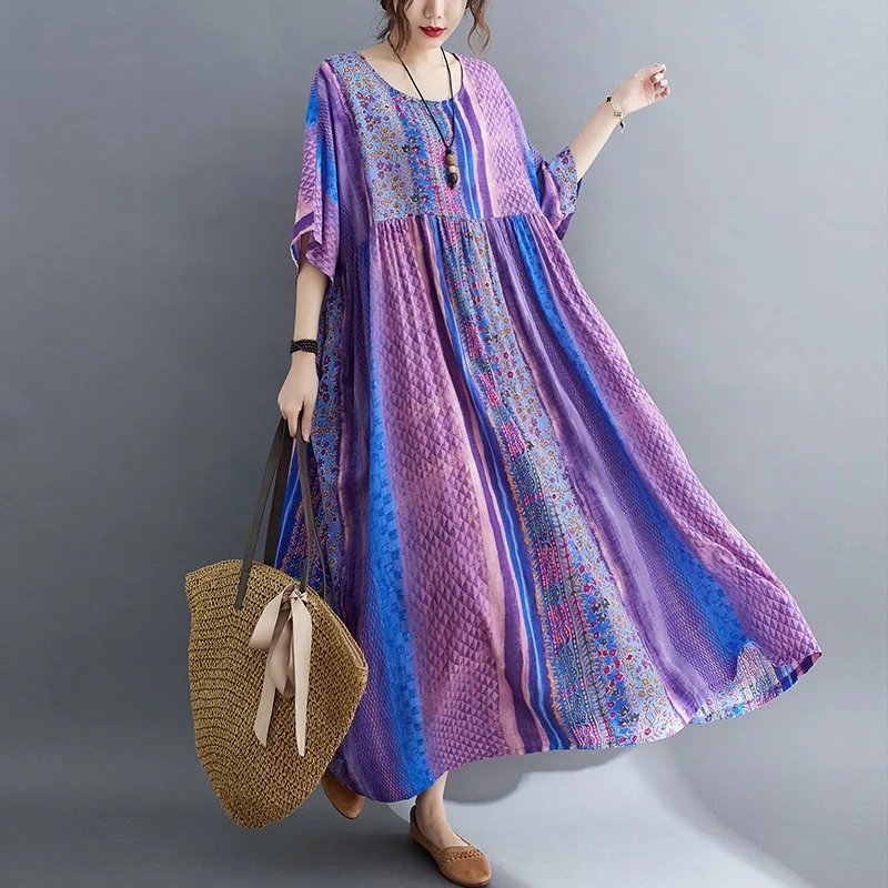 

Summer New Loose Cotton Linen Short Sleeve Printed Dress Artistic Women's Long Dress Cleanfit Straight Tube Midi Dress for Mi...