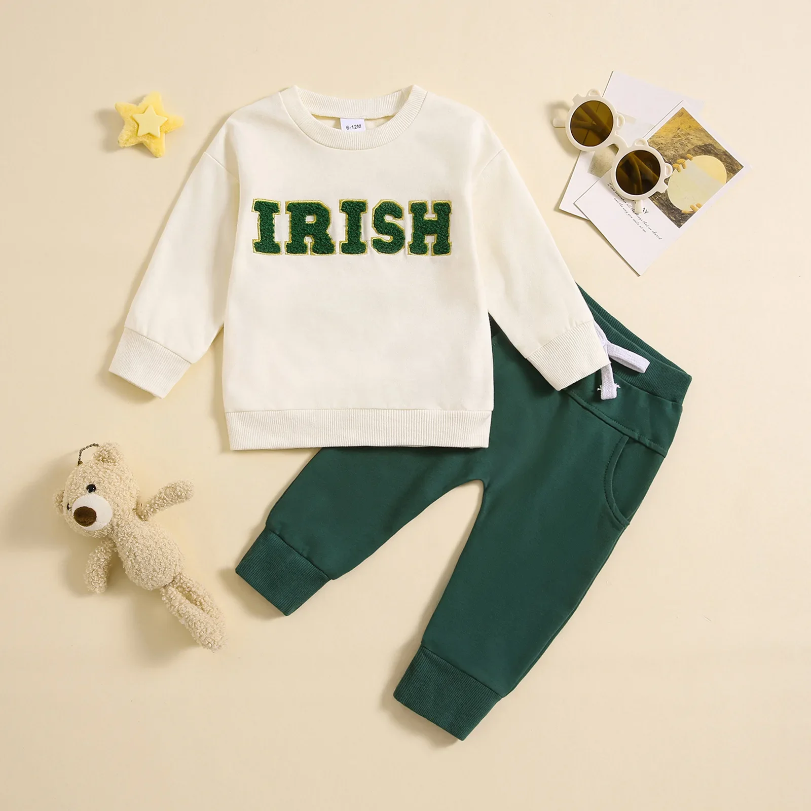 

Spring St.Patrick's Day Toddler Baby Girls Outfits Long Sleeve Letter Embroidery Sweatshirt and Pants Set Clothes