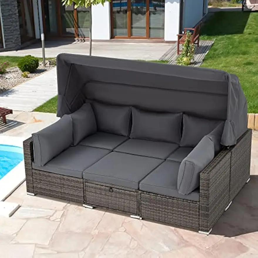 

Patio Furniture Sets, Rattan Daybed with Retractable Canopy, Sectional Sofa Set with Adjustable Backrest, Chaise Chair Sunbed