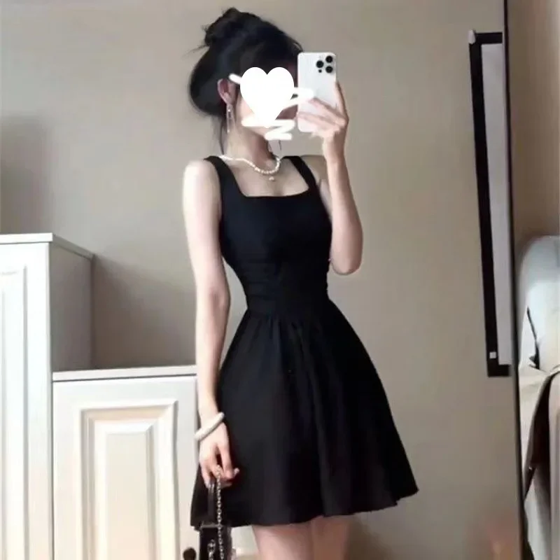 Summer 2024 New Mini Dress High-end Feel Waist-fitted Petite Elegant Black Tank Dress Sleeveless Style For Women