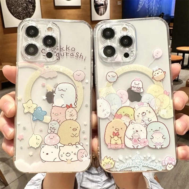 kawaii Sumikkogurashi Magsafe Magnetic Phone Case for iPhone 16 15 14 13 12 11 8 7 Plus Pro Max X XR XSMax Soft Clear Tpu Cover