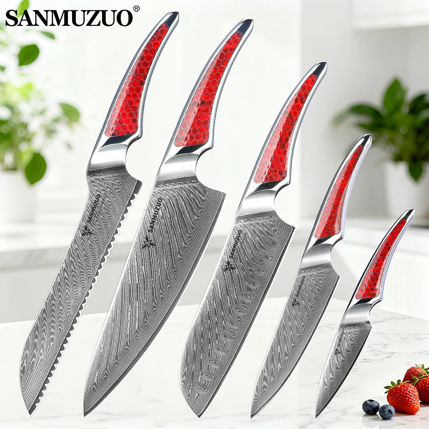 

SANMUZUO 5PCS Damascus Knife Set, Chef Santoku Paring Utility Bread Knife, Kitchen Cooking Tools with Resin Handle - LAS9 Series