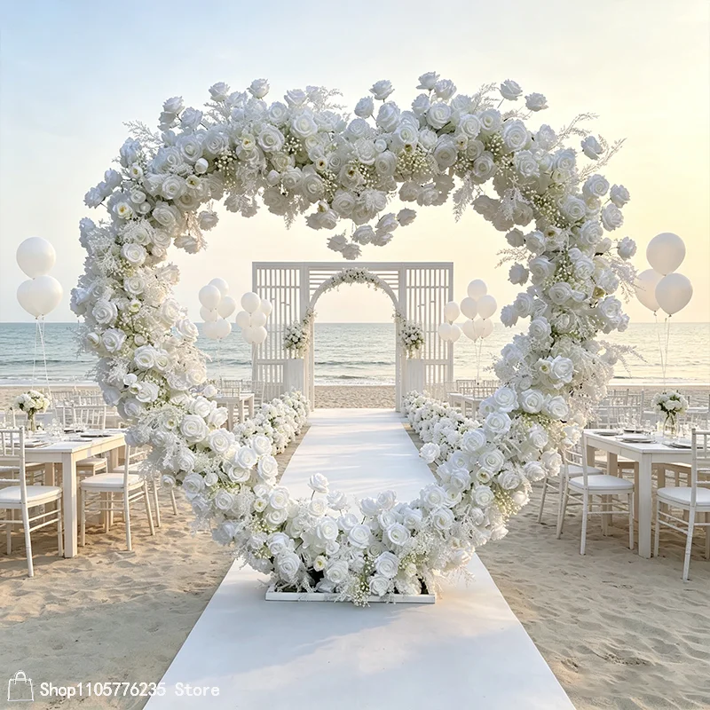 Weißer Rosen- und Schleierkraut-Herzförmiger Blumenbogen, Künstlicher Blumen-Hochzeitshintergrund, Rahmen für Zeremonien, Partys, Fotobox-Dekoration, Requisiten – Detail 1