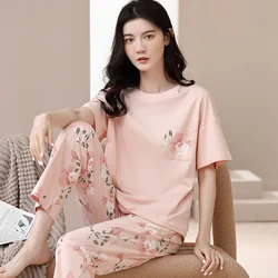 2024 Summer 100% Cotton Short Sleeve Long Pants Pajama Sets for Women Korean Cute Sleepwear Homewear Pijama Mujer Home Clothes