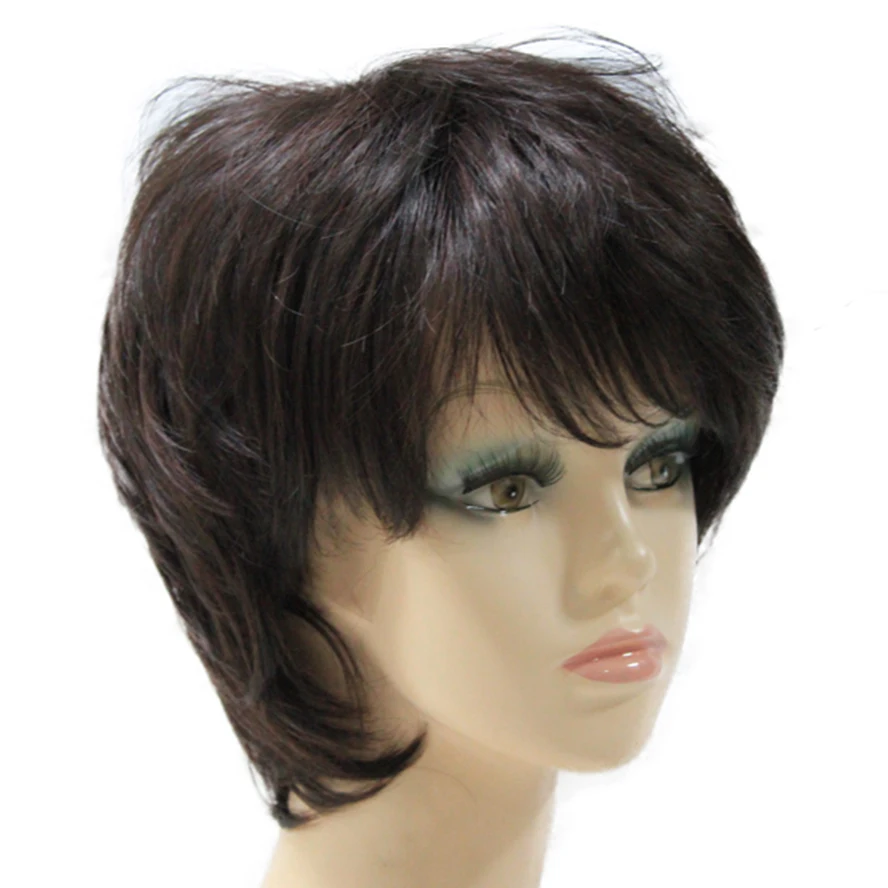 Natural straight women\'s Short brown Natural Synthetic Full Synthetic Hair Wig for female with bangs