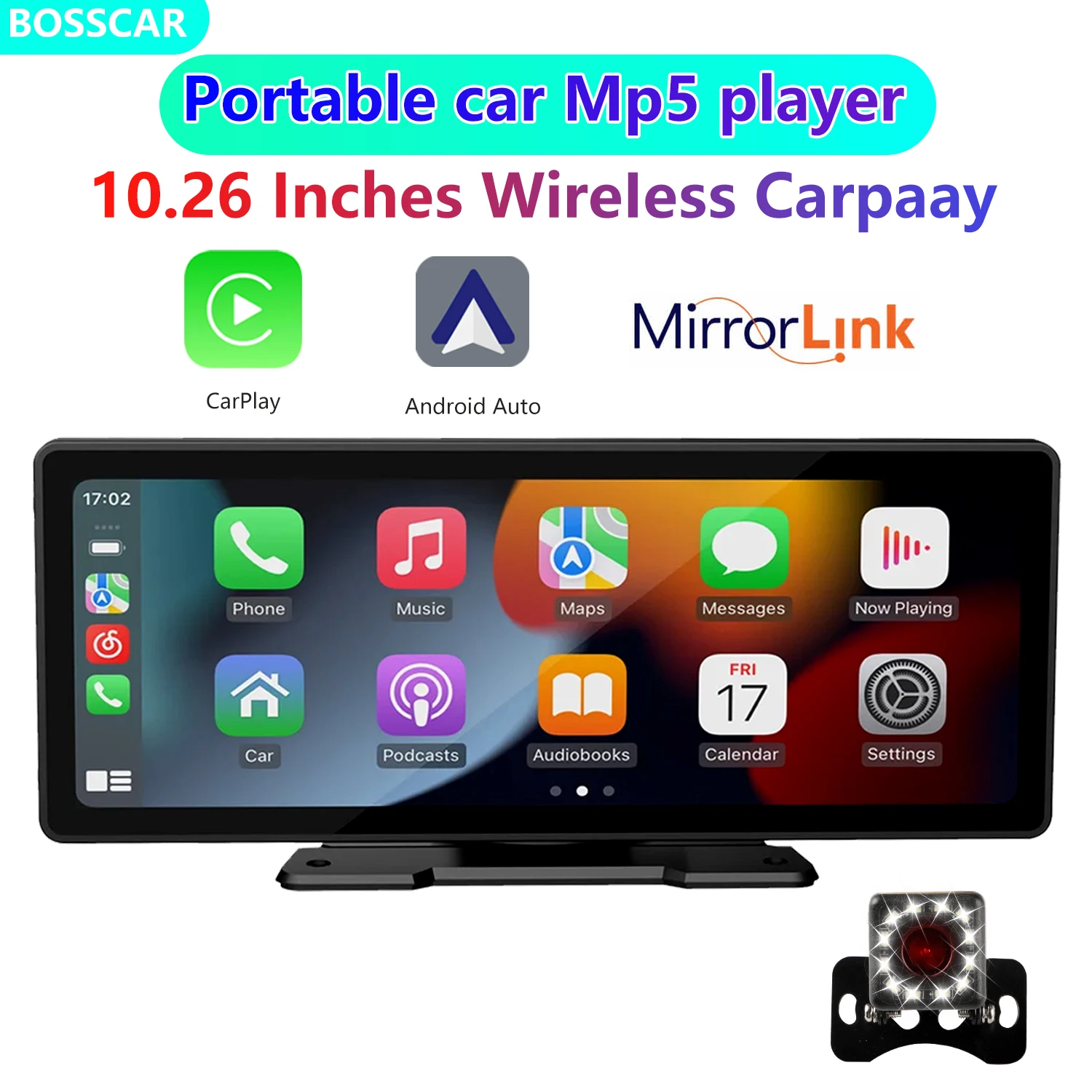 Universal Multimedia Car Radio, Apple Carplay, Android Auto, WiFi Video Player, Câmera sem fio, Bluetooth, FM, AUX, 10,26 na tela