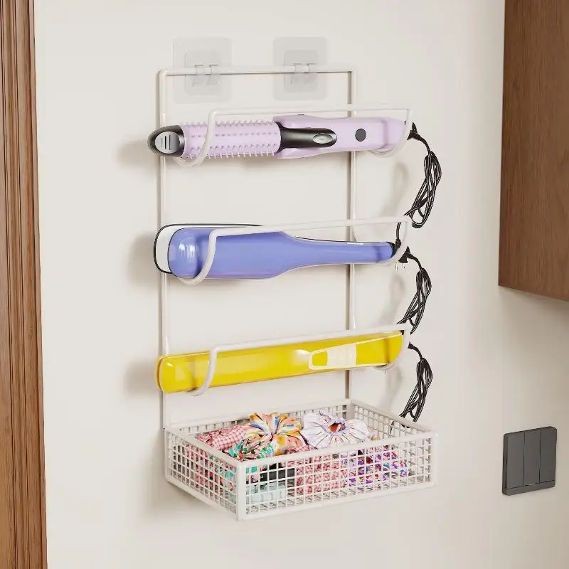 Wall Mounted Iron Hair Dryer Holder No Punch Storage Rack for Curling Iron Bathroom Organizer
