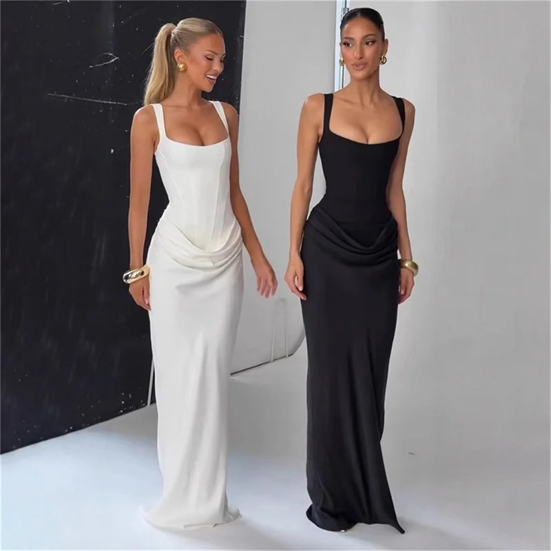 

Elegant Pleated Wasited Women Wide Strap Party Gown Black and White Square Collar Evening Dress Backless New Fashion Clothing