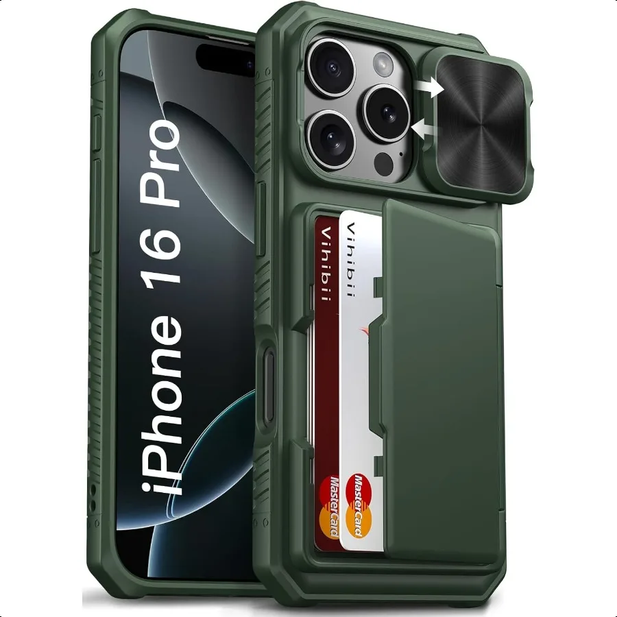 

Vihibii for iPhone 16 Pro Case with Card Holder 4 Cards [RFID Blocking] and Slide Camera Cover Military Grade Drop Protection R