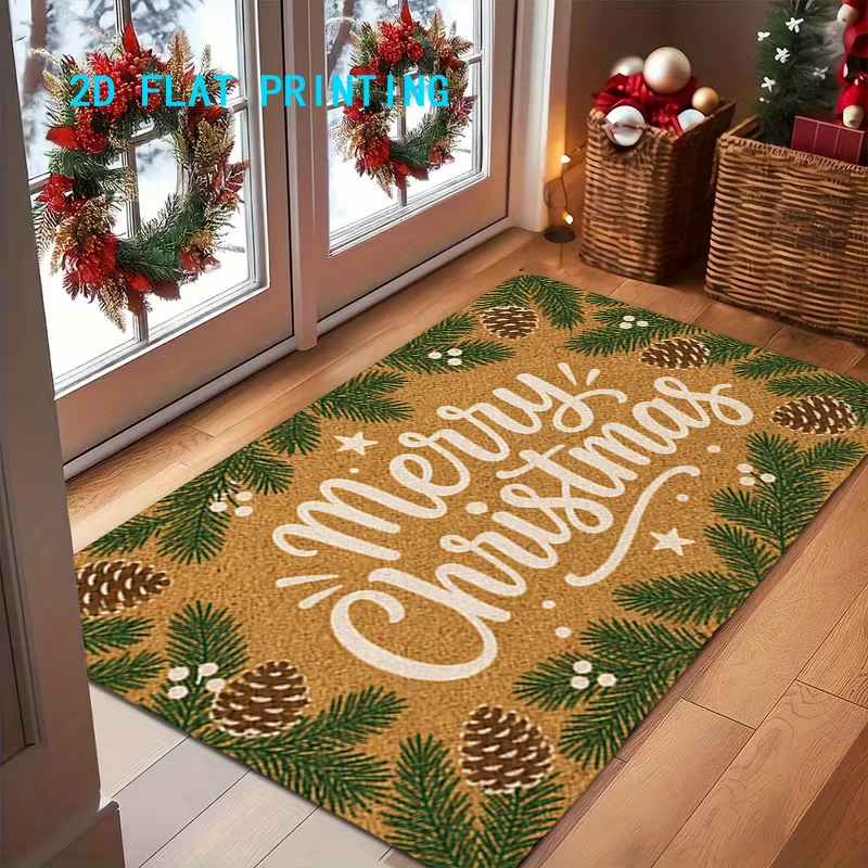 Merry Xmas Seasons Greetings Doormat Festive Bow Art Print Entrance Rug Seasonal Home Styling For Front Door