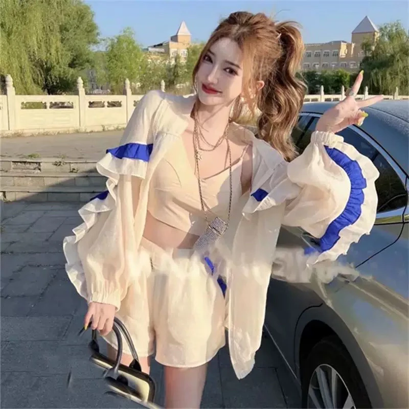 

Модный комплект с длинными рукавами и защитой от УФ-излучения: женские шорты и костюм-двойка, лето 2025, новинка, на молнии, с капюшоном