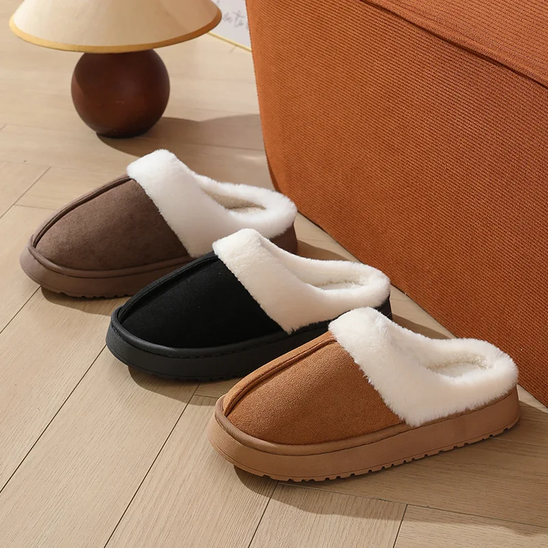 Gacimy Warm Bont Pluche Slippers Voor Vrouwen Mode Bontkraag Indoor Suede Platform Slides Comfort Fuzzy Pluizige Huis Katoenen Schoenen