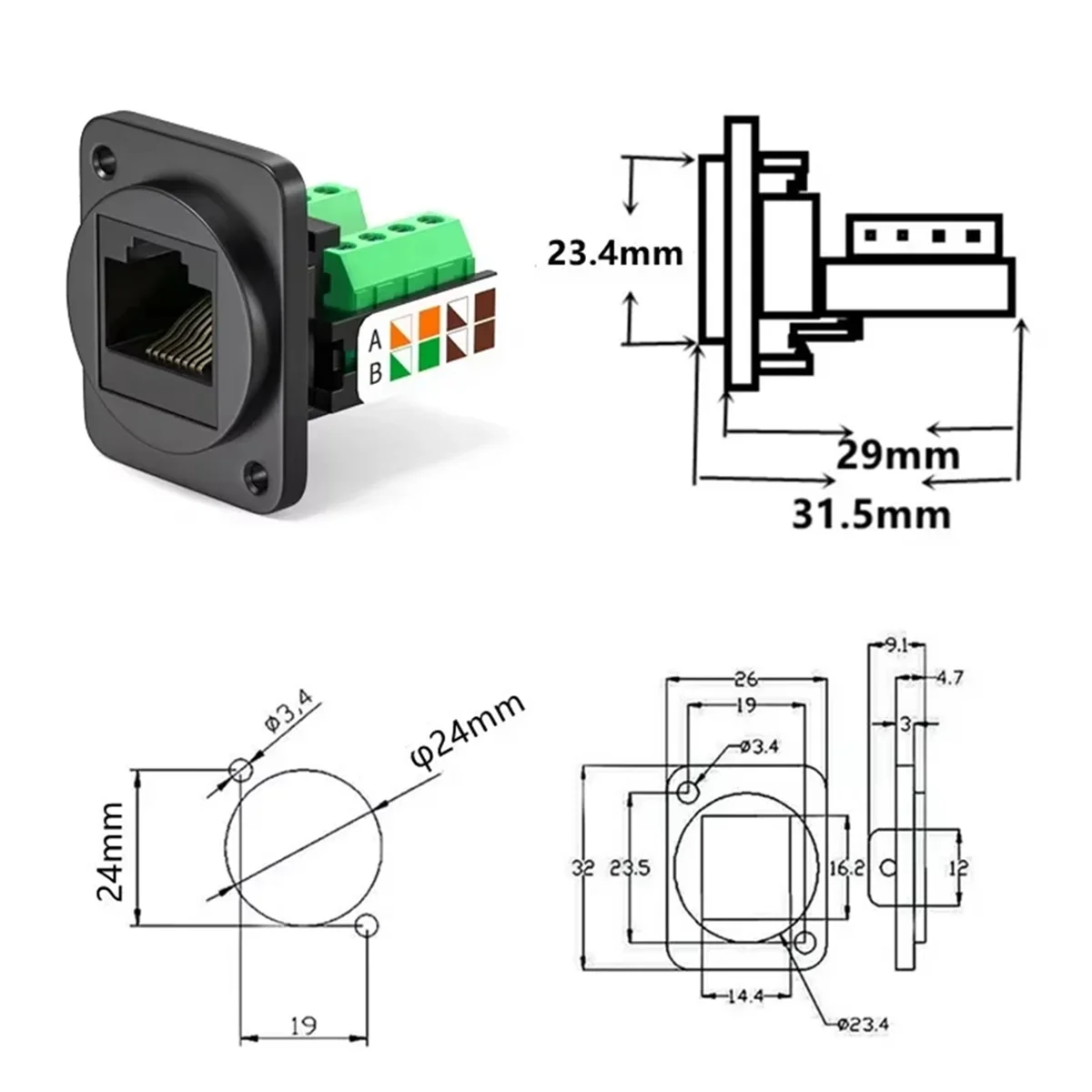 A04R-RJ45 CAT5E Network Cable Scoket rj45 Panel Installation Module Network Cable Extender Cat 5 Panel Connector