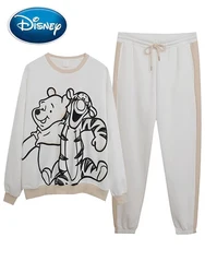 Disney Winnie the Pooh Bear Tigger Sweatshirt Cartoon Print Women O-Neck Pullover Jumper Tops + Tied Bow Trousers Pants 1 Sets