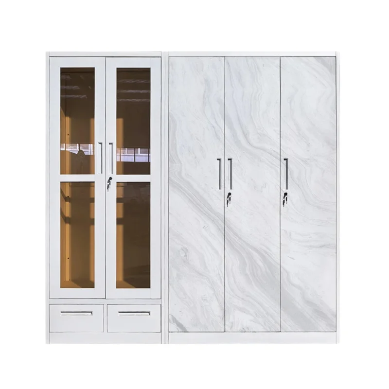 custom.5-Door Foldable Steel Metal Wall-Drope Wardrobe Glass-Door Closet with Panel Wood Style Home Clothes Storage