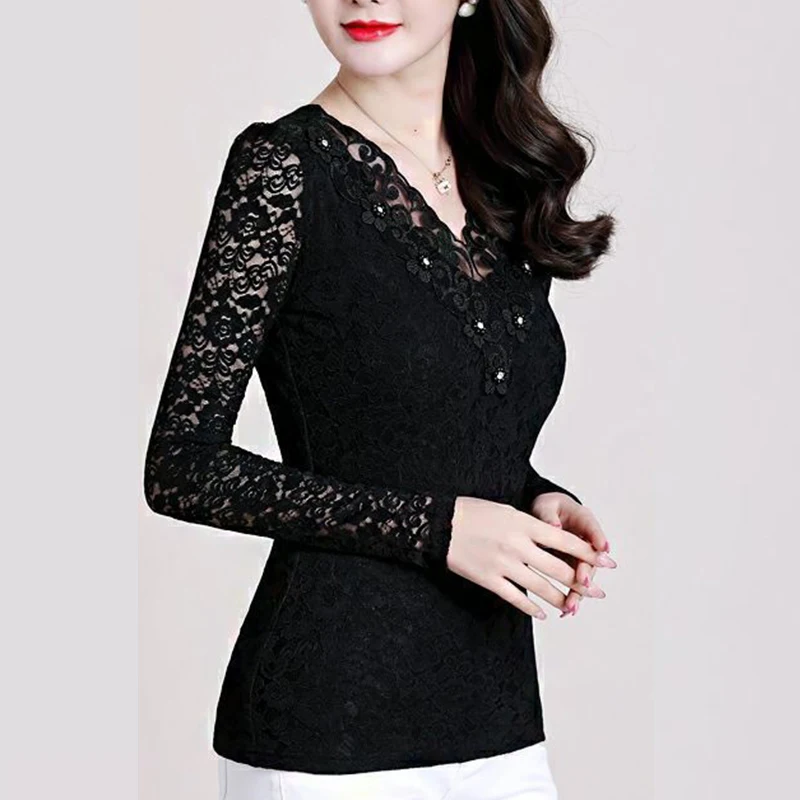 Autumn Elegant Fashion Chic Vintage Shirt Women Trendy Aesthetic Lace Office Lady All Match Hollow Out Lace V Neck Beading Top