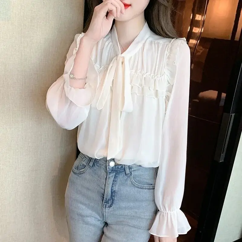 White Shirt Women\'s New Style Ribbon Chiffon Top Long Sleeved Butterfly Tie Tied French Style Small Shirt