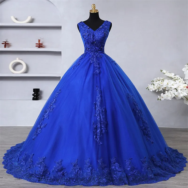 Vestido de quinceañera azul personalizado con Trian o suelo, elegante vestido de baile con cuello en V, vestido de fiesta de lujo, vestido de graduación de talla grande